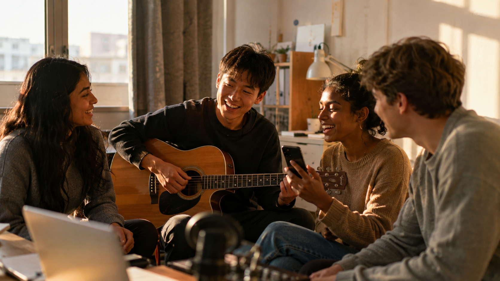 AI illustration of young adults making music together.